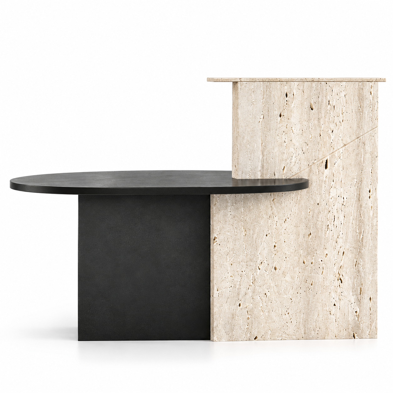 Black Oval Desk with Beige Travertine Panel 3D Model 3