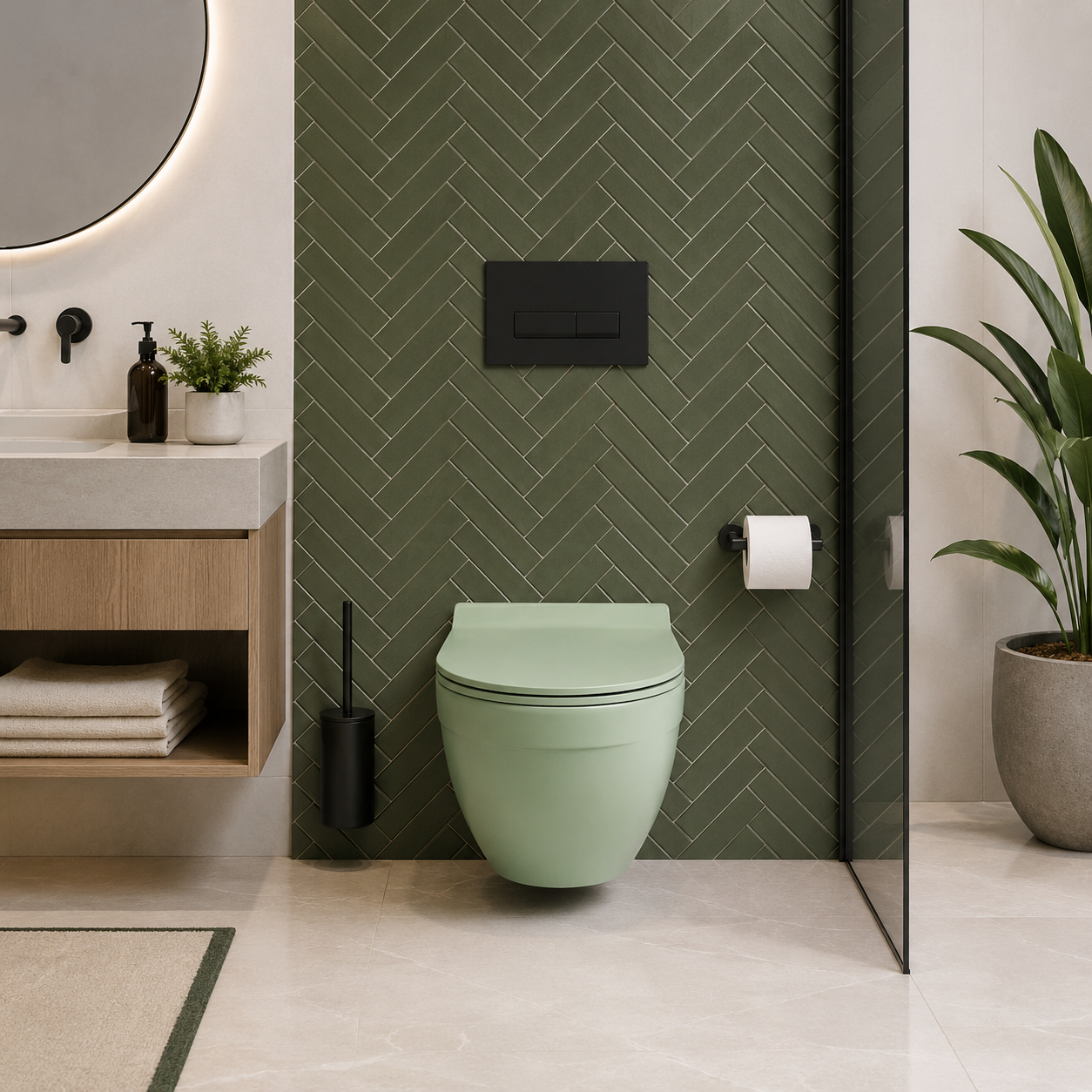 Sage Green Wall-Hung Toilet – Rounded Form 3D Model 2