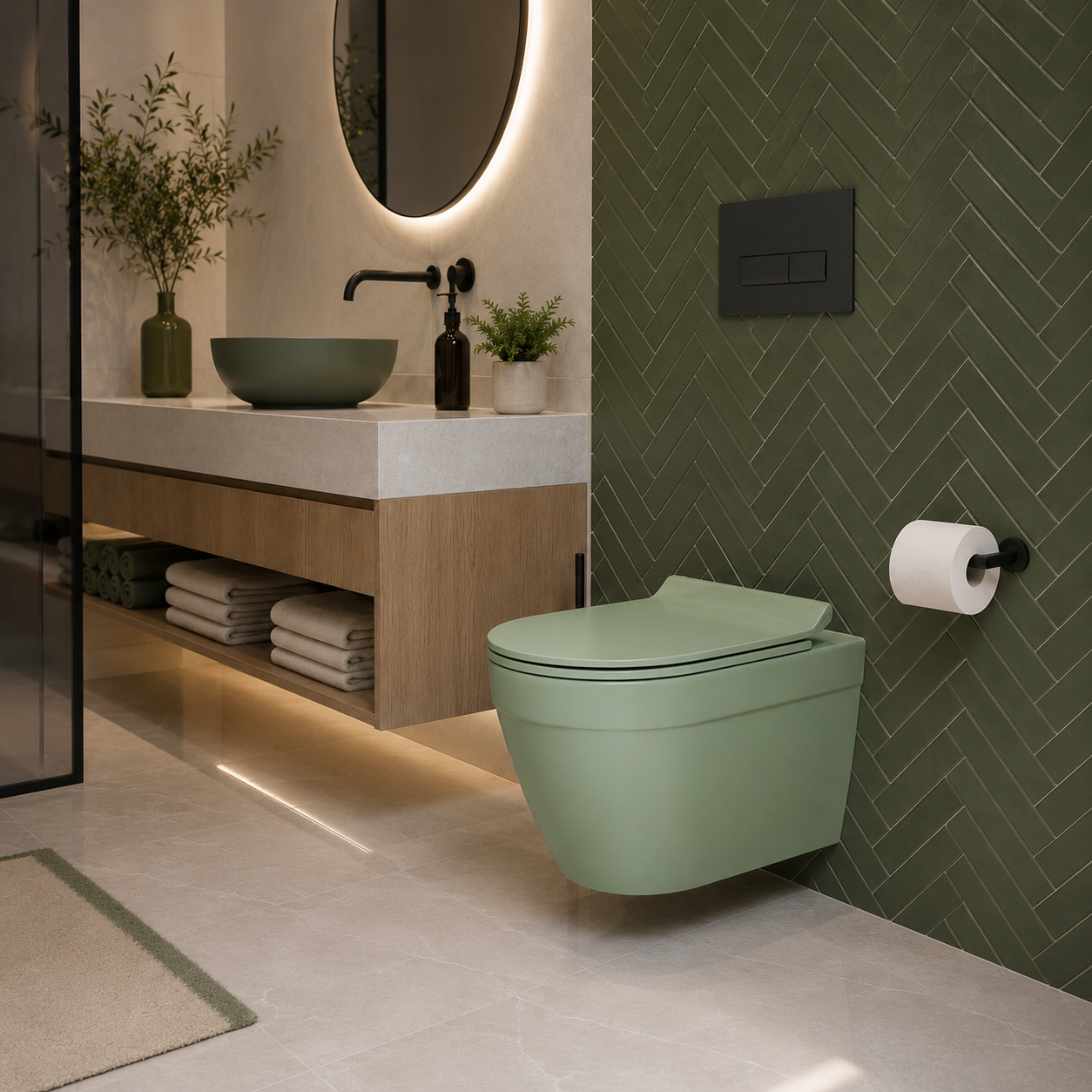 Sage Green Wall-Hung Toilet – Rounded Form 3D Model 4