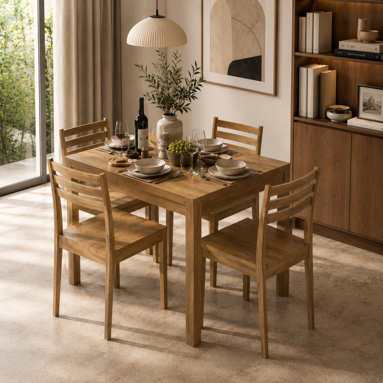 Warm Ivory Dining Set – Rounded Table & Slat-Back Chairs 3D Model 3