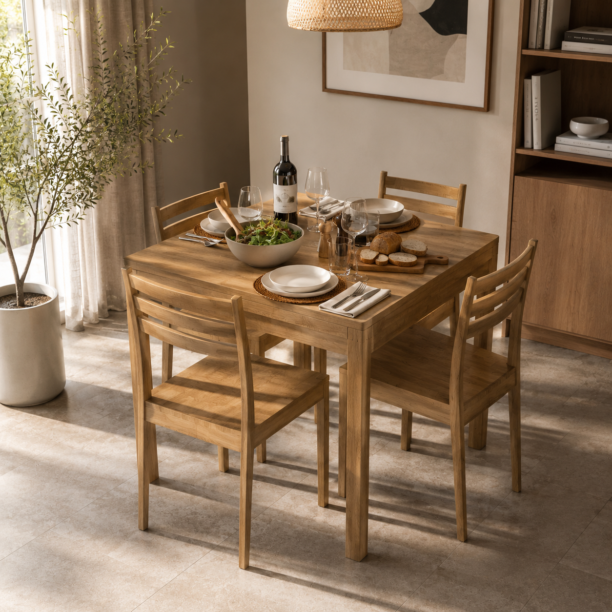 Warm Ivory Dining Set – Rounded Table & Slat-Back Chairs 3D Model 2