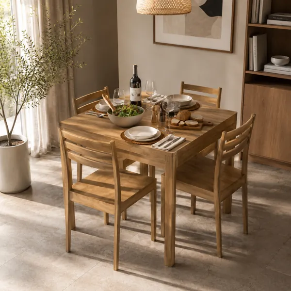 Warm Ivory Dining Set – Rounded Table & Slat-Back Chairs 3D Model back