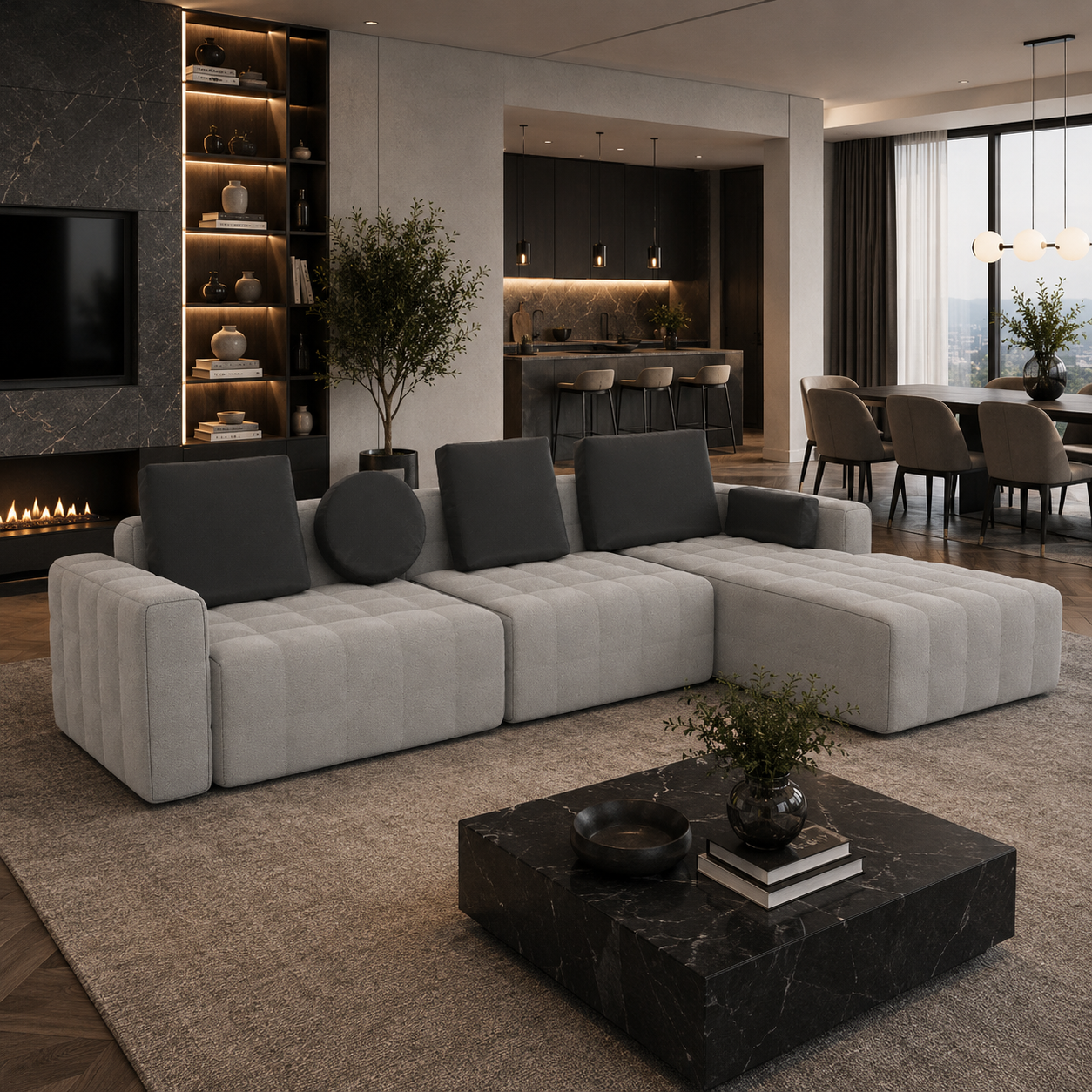 Ivory Channel-Tufted Sectional Sofa – Charcoal Cushions 3D Model 2