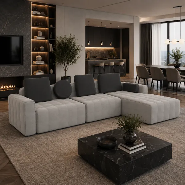 Ivory Channel-Tufted Sectional Sofa – Charcoal Cushions 3D Model back