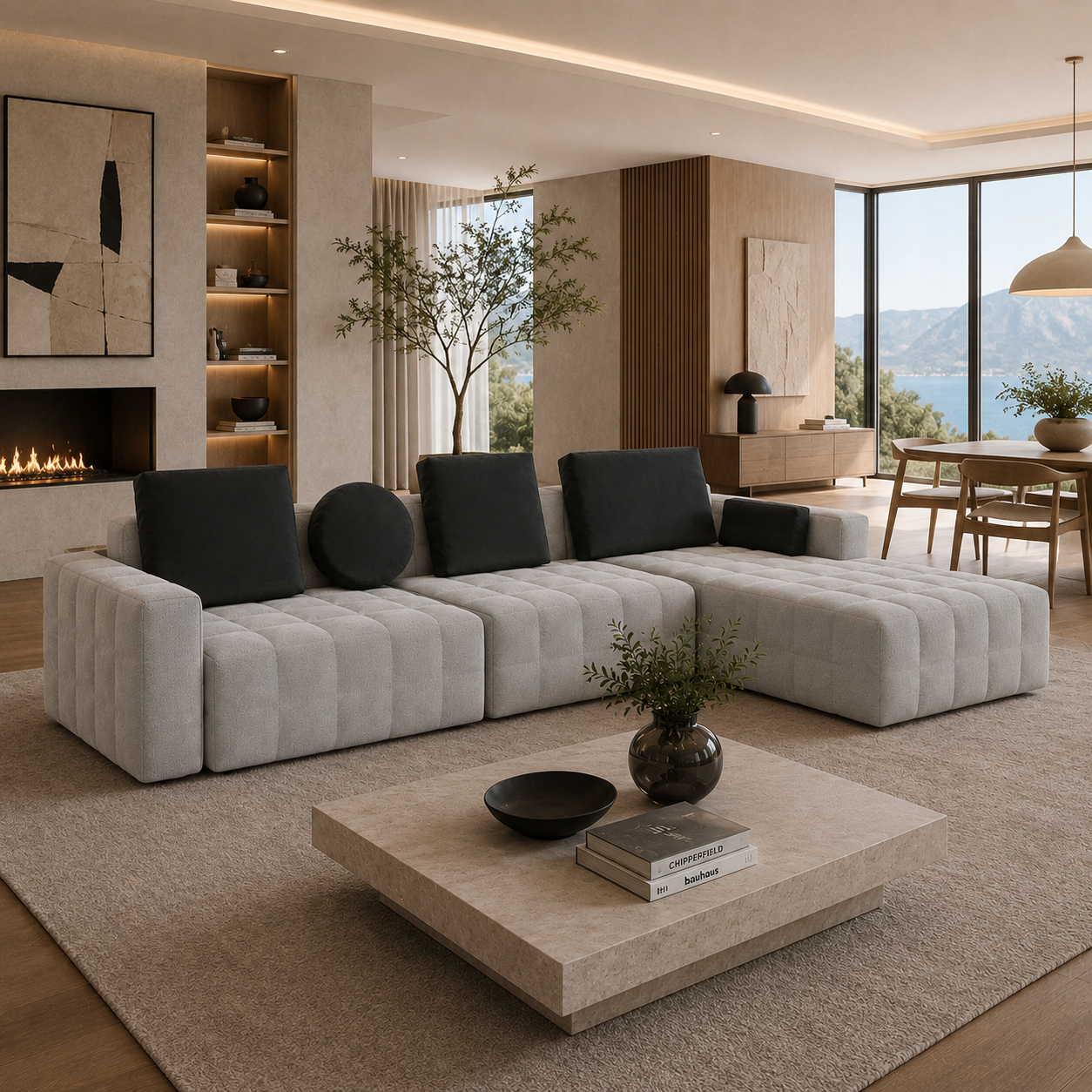 Ivory Channel-Tufted Sectional Sofa – Charcoal Cushions 3D Model 4