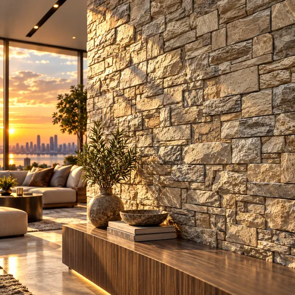 Warm Sand Beige Rough Cut Stacked Stone Wall Texture back