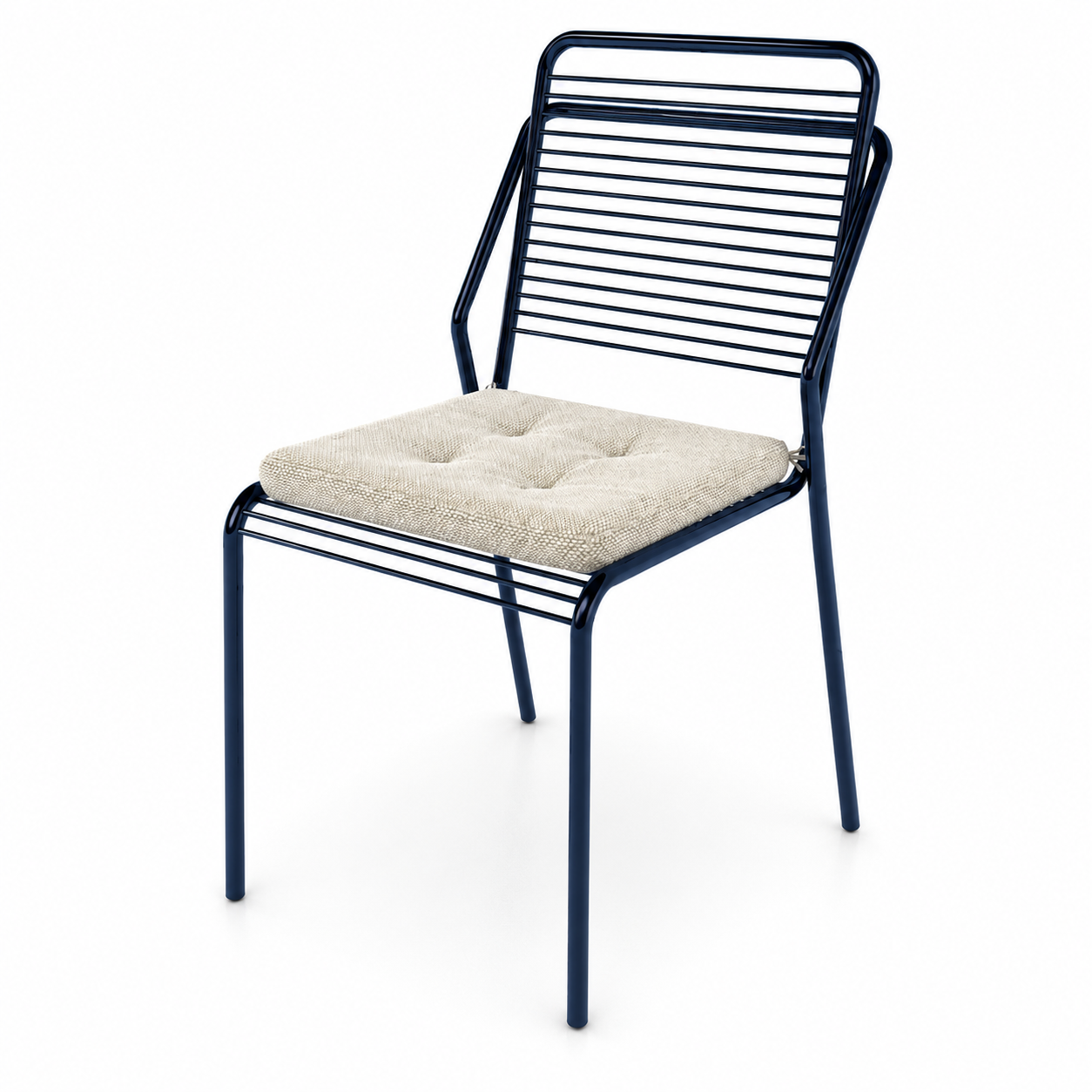 Navy Slatted Metal Chair – Beige Tufted Cushion 3D Model 3