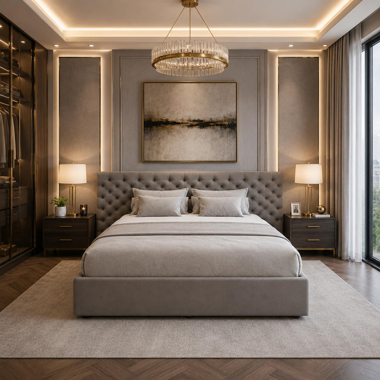 Taupe Upholstered Bed with Oversized Diamond-Tufted Headboard 3D Model 4