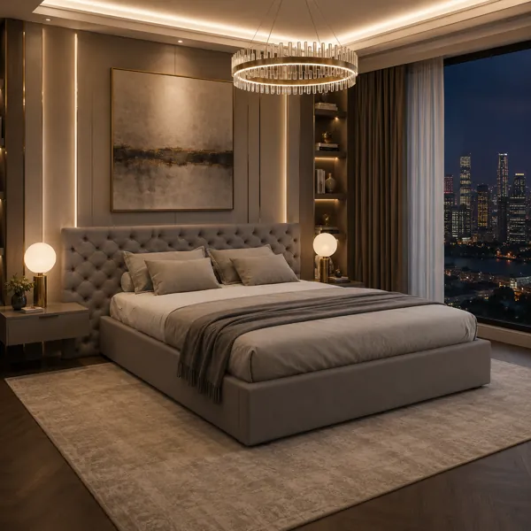 Taupe Upholstered Bed with Oversized Diamond-Tufted Headboard 3D Model back