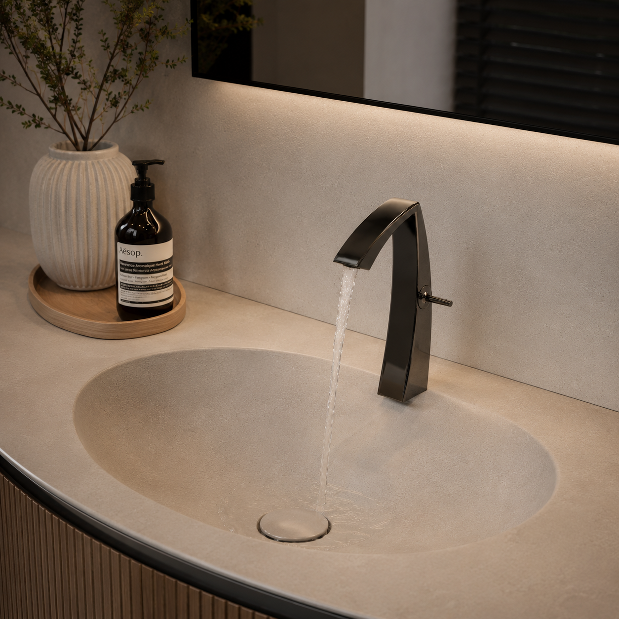 Gunmetal Waterfall Faucet – Arched Spout 3D Model 4