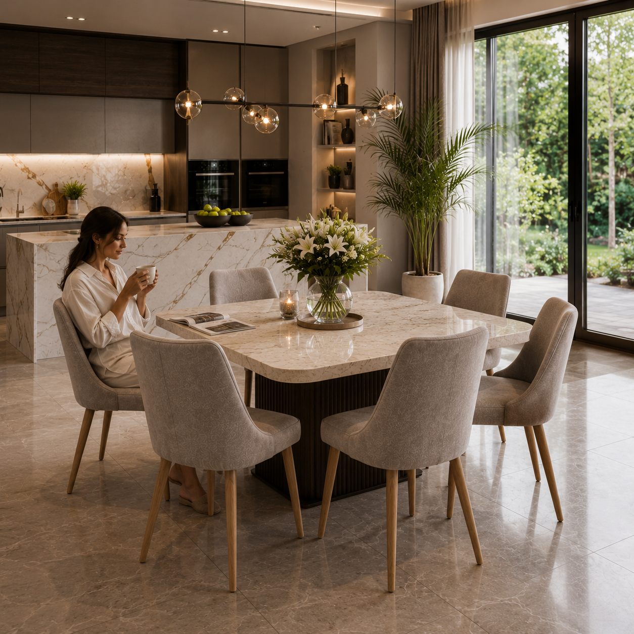 Taupe Upholstered Dining Chair – Natural Wood Legs 3D Model 4