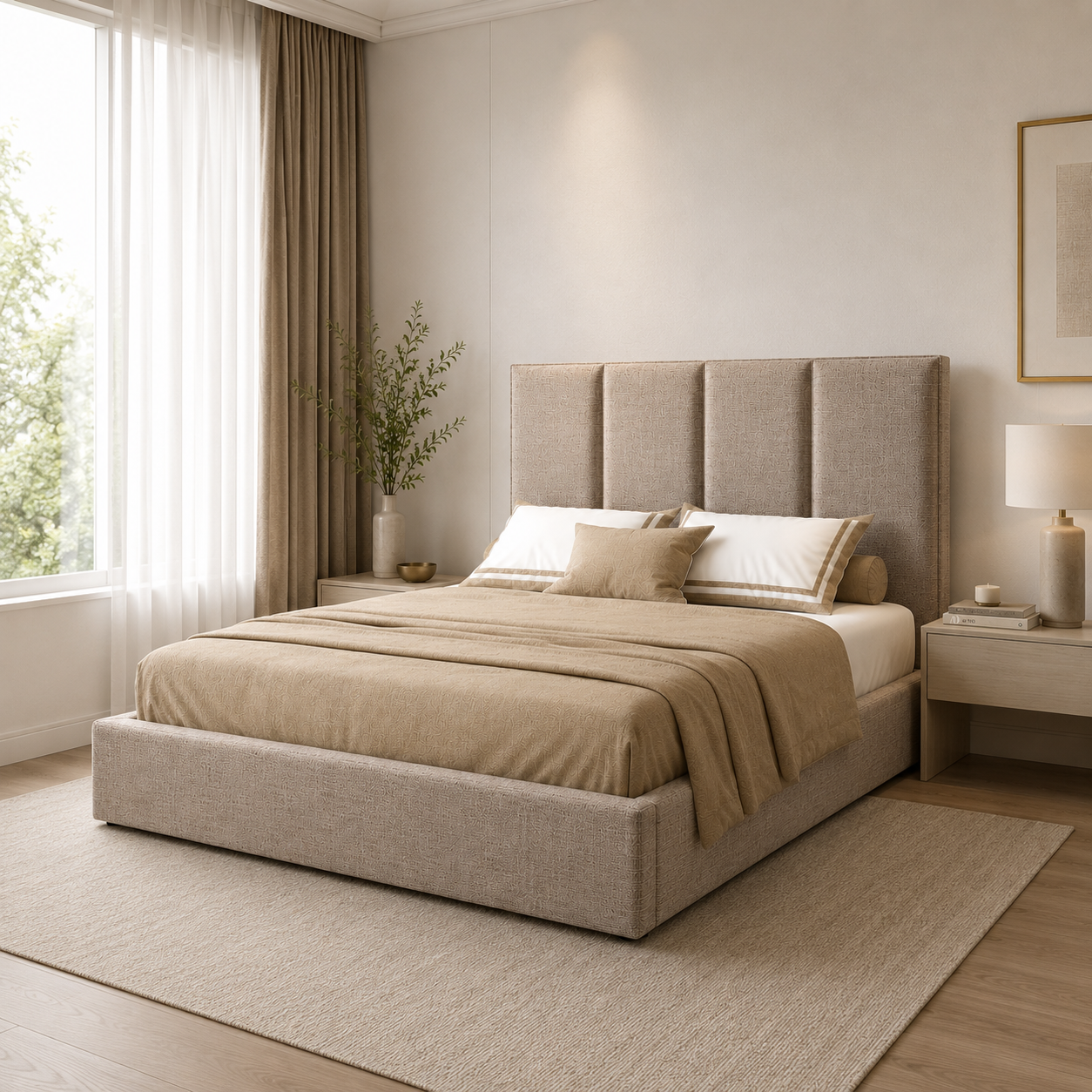 Beige Fabric Bed with Vertical Panel Headboard 3D Model 4