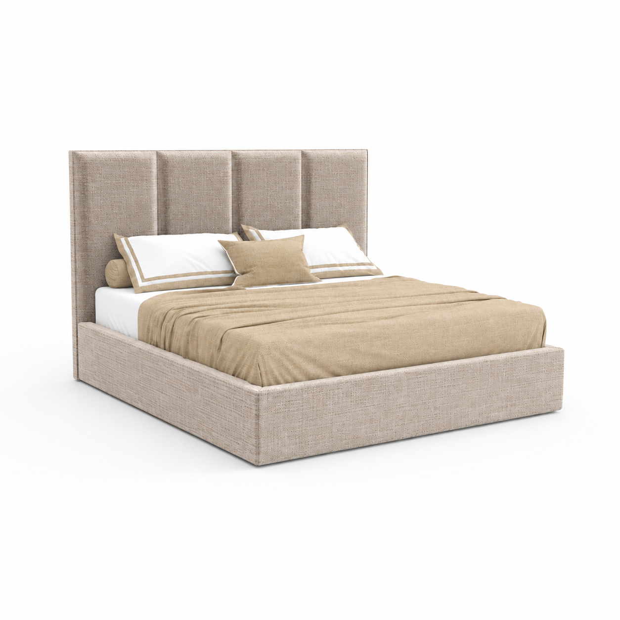 Beige Fabric Bed with Vertical Panel Headboard 3D Model 1