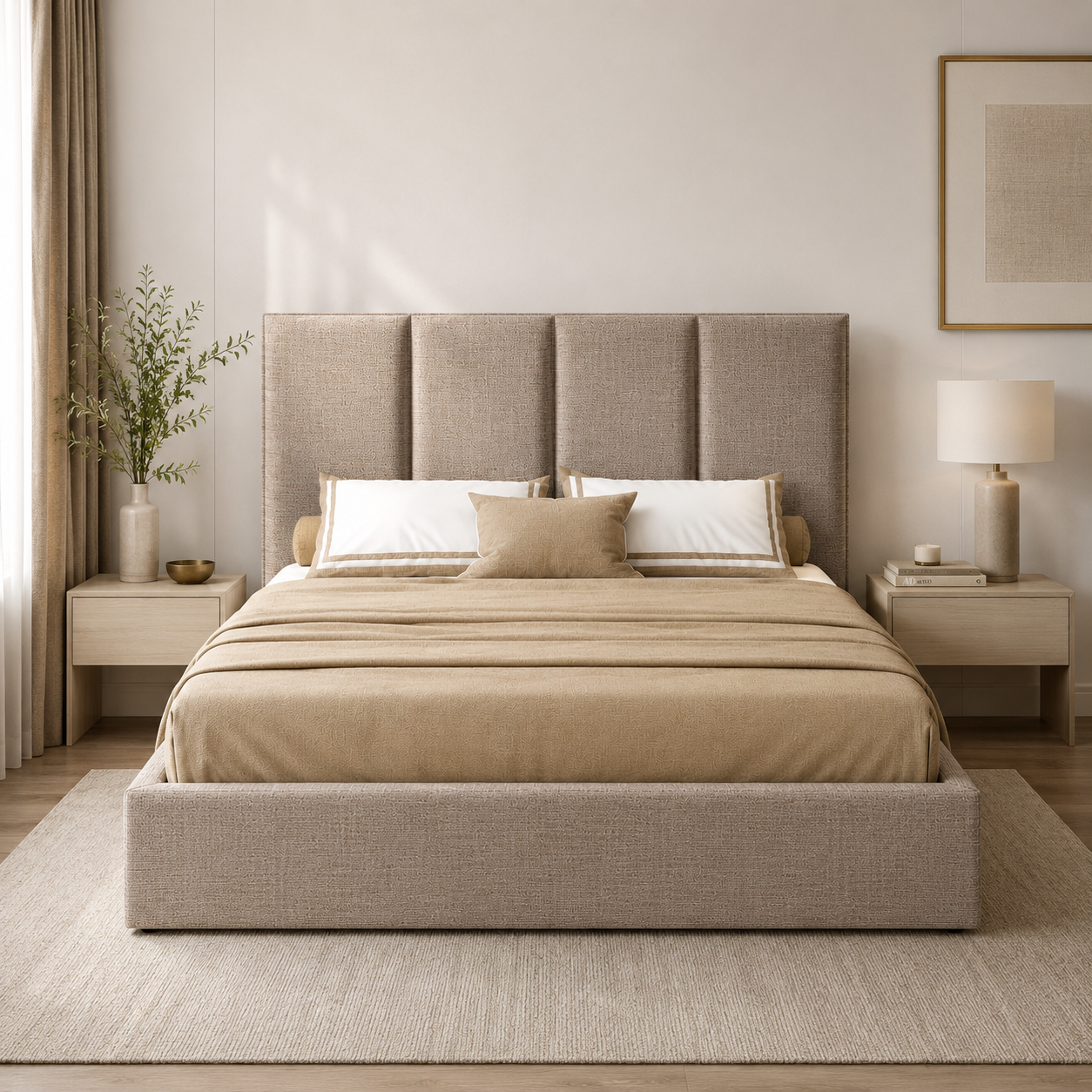 Beige Fabric Bed with Vertical Panel Headboard 3D Model 2