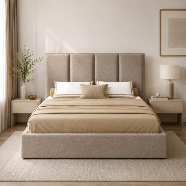 Beige Fabric Bed with Vertical Panel Headboard 3D Model back