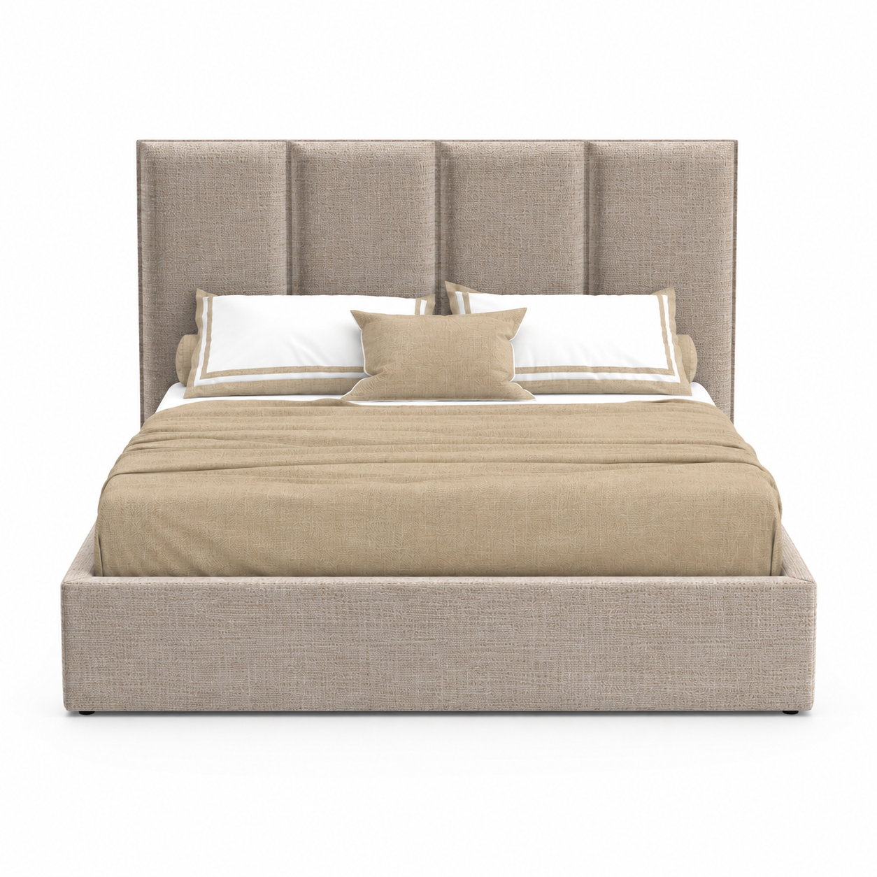 Beige Fabric Bed with Vertical Panel Headboard 3D Model 3