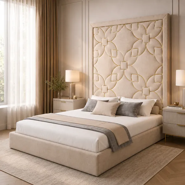 Beige Velvet Bed with Gold Geometric Headboard 3D Model back