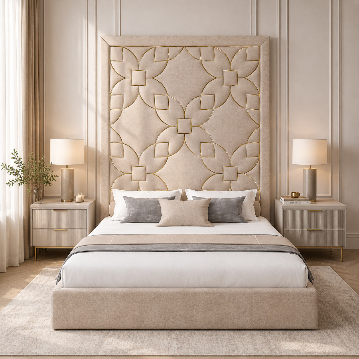 Beige Velvet Bed with Gold Geometric Headboard 3D Model 4