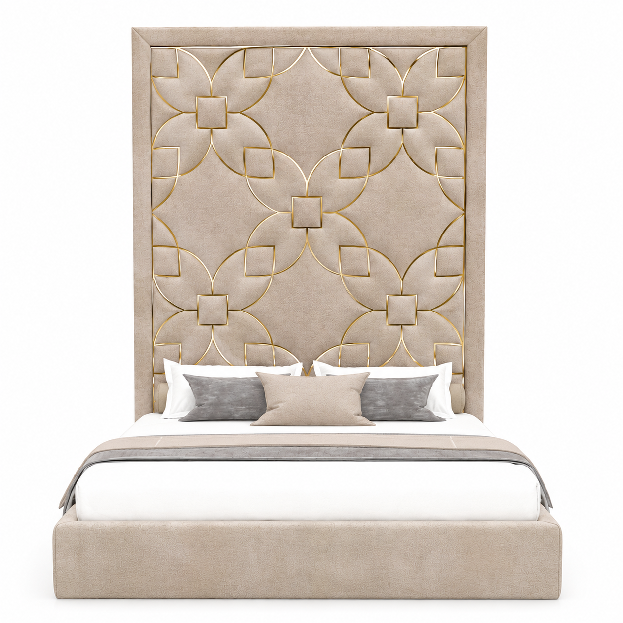 Beige Velvet Bed with Gold Geometric Headboard 3D Model 3