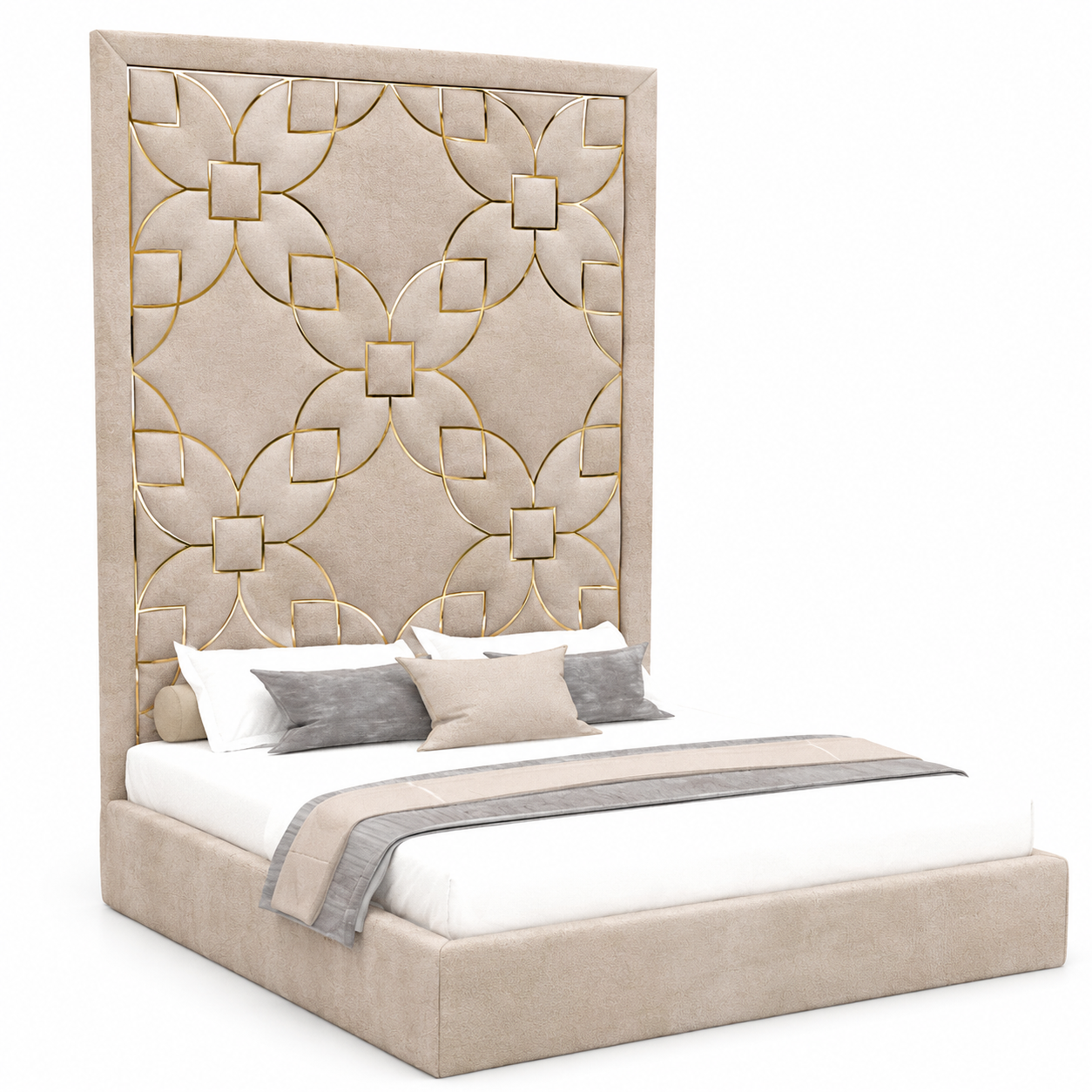 Beige Velvet Bed with Gold Geometric Headboard 3D Model 1