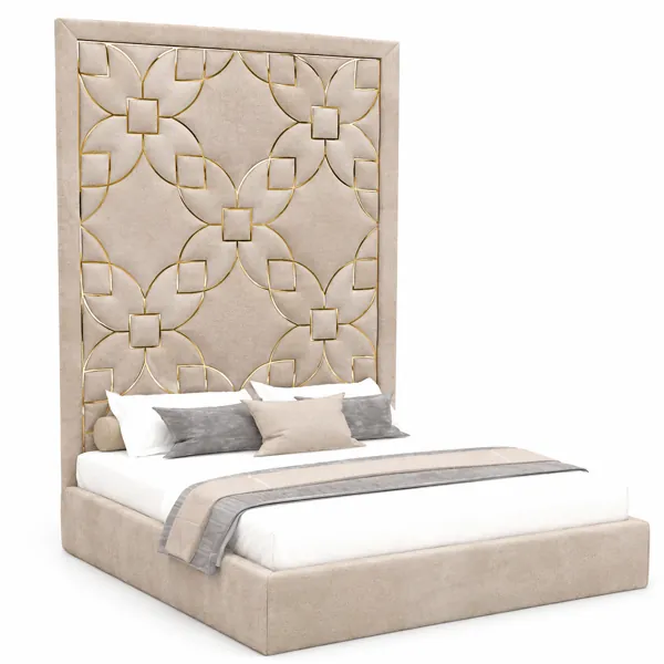 Beige Velvet Bed with Gold Geometric Headboard 3D Model