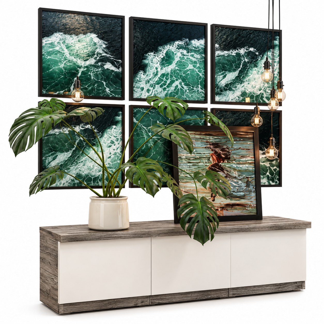 Emerald Ocean Wave Gallery Wall Art Set 3D Model 1