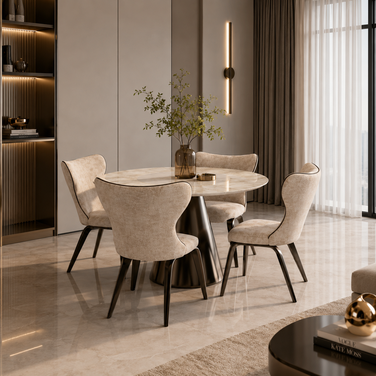 Round Ceramic Dining Set – Beige Curved Chairs 3D Model 2