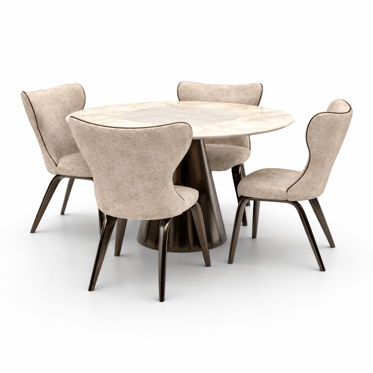 Round Ceramic Dining Set – Beige Curved Chairs 3D Model 3