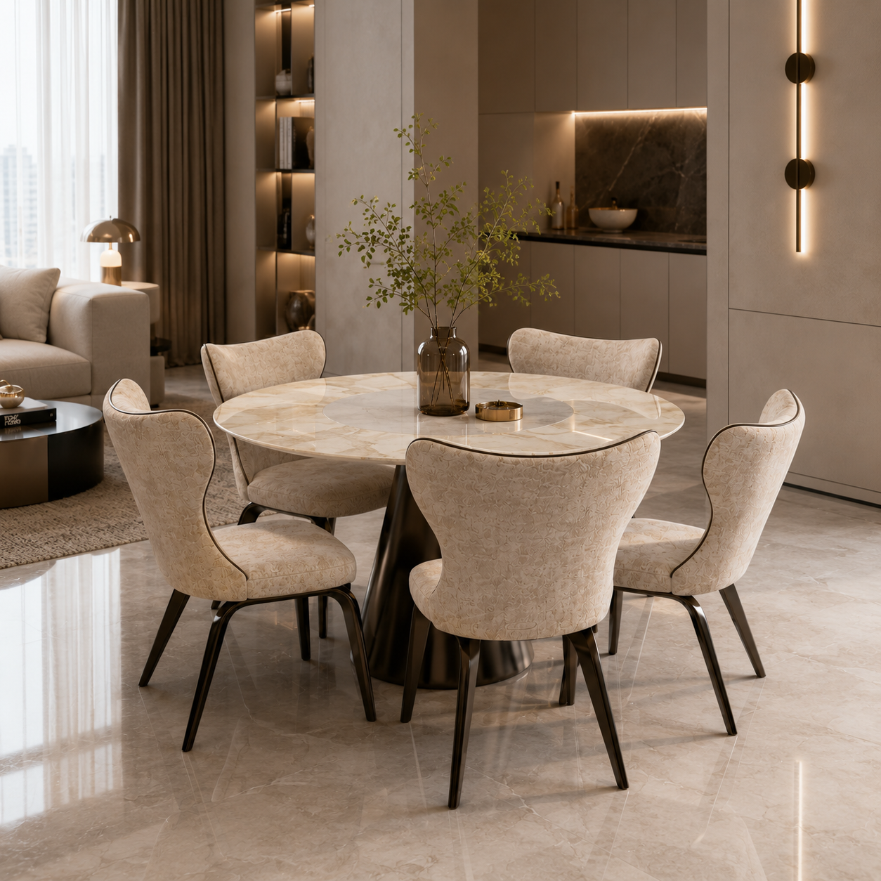 Round Ceramic Dining Set – Beige Curved Chairs 3D Model 4