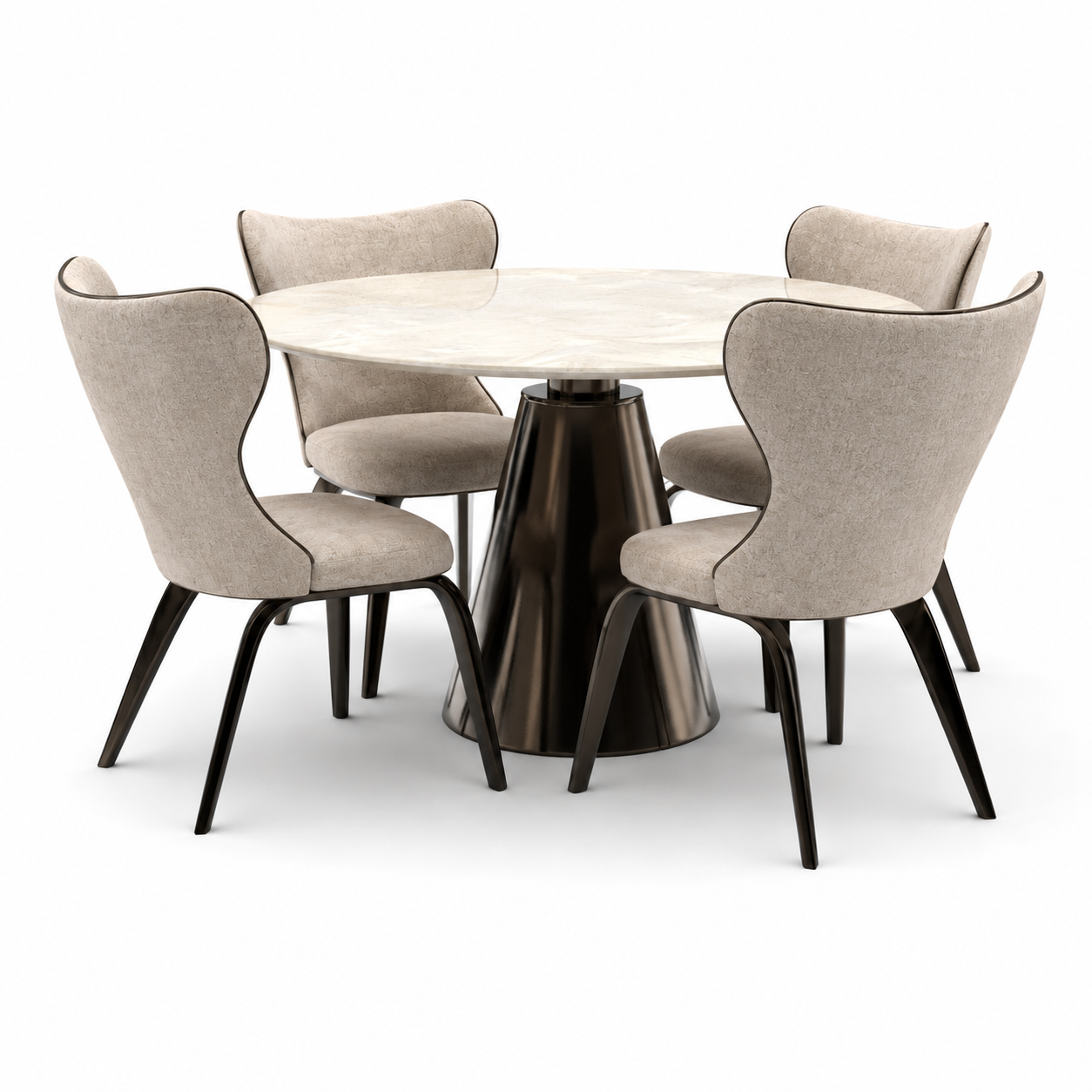 Round Ceramic Dining Set – Beige Curved Chairs 3D Model 1
