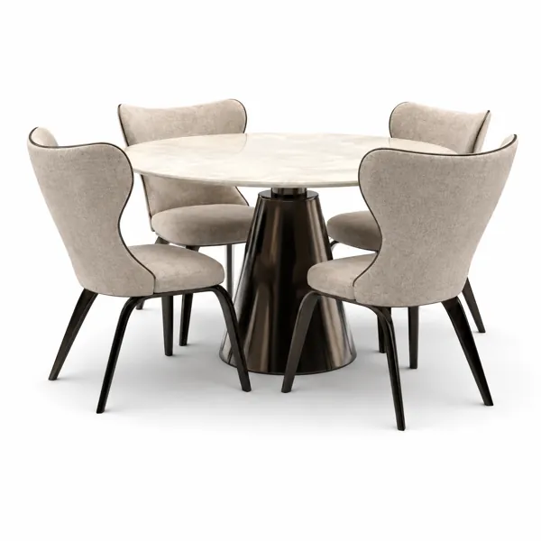 Round Ceramic Dining Set – Beige Curved Chairs 3D Model