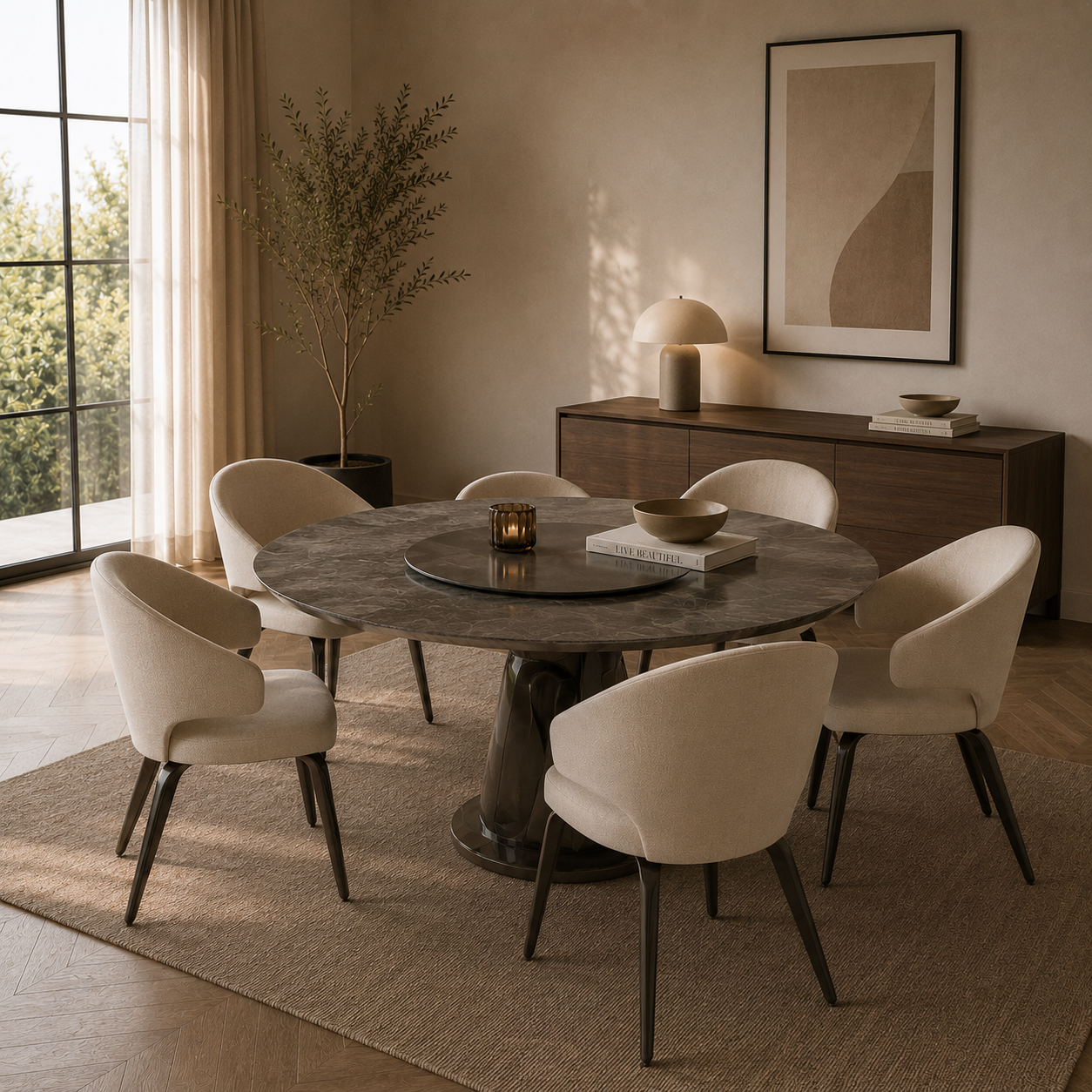 Round Gray Dining Set – Cream Chairs & Lazy Susan 3D Model 2