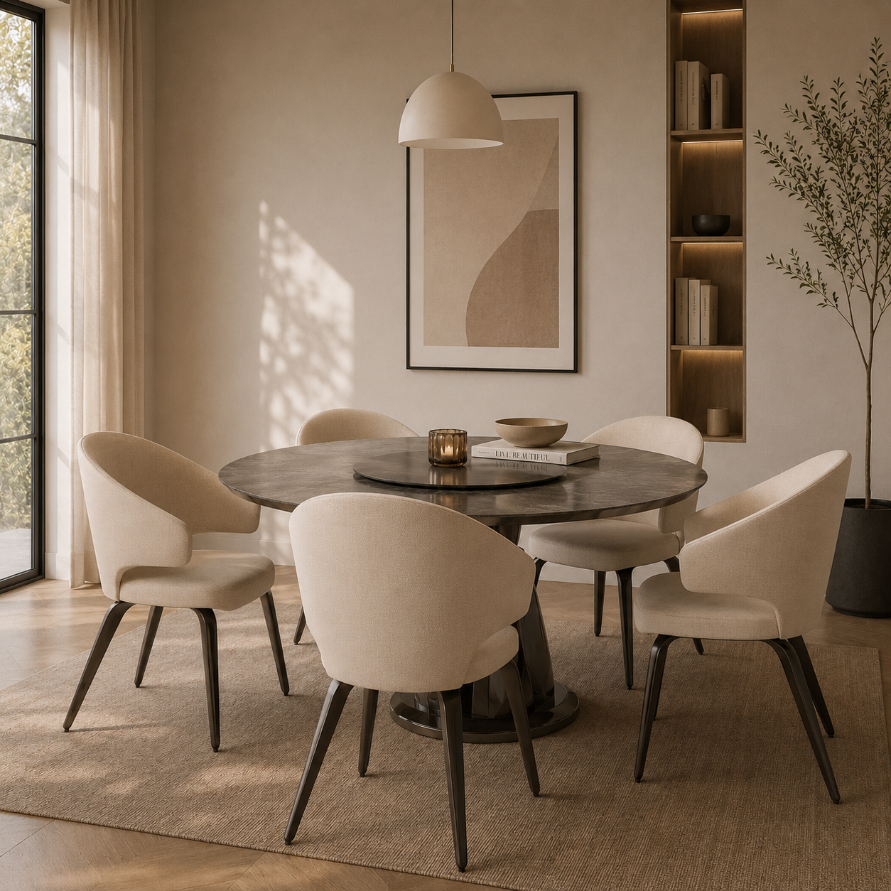 Round Gray Dining Set – Cream Chairs & Lazy Susan 3D Model 3