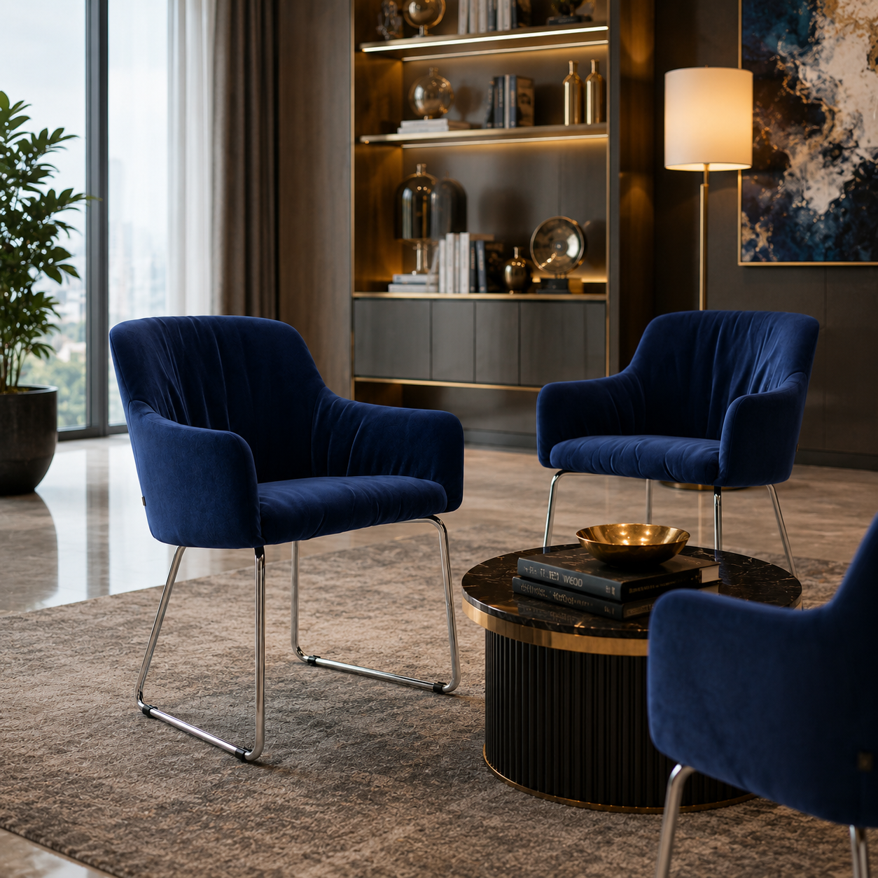 Deep Blue Fabric Armchair with Chrome Sled Base 3D Model 2