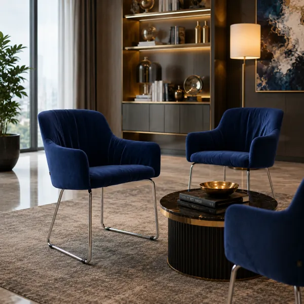 Deep Blue Fabric Armchair with Chrome Sled Base 3D Model back