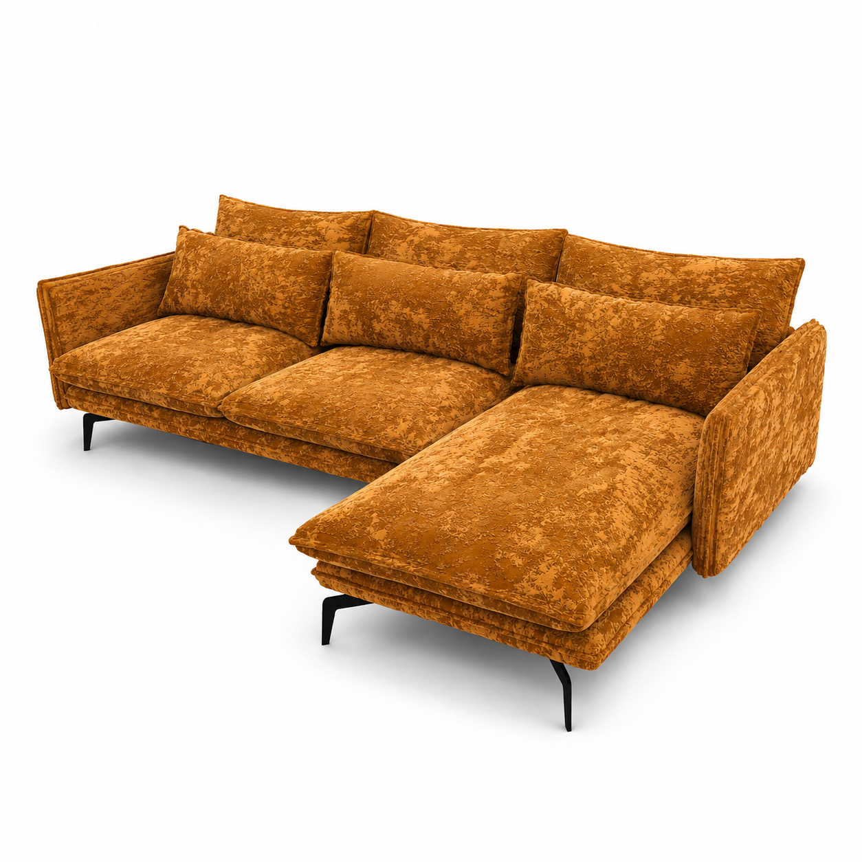 Golden Velvet Sectional Sofa – Right Chaise & Slim Black Legs 3D Model 3