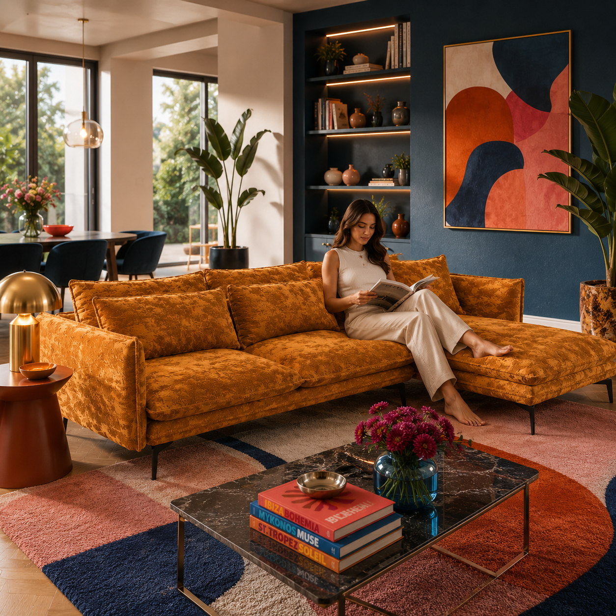 Golden Velvet Sectional Sofa – Right Chaise & Slim Black Legs 3D Model 4