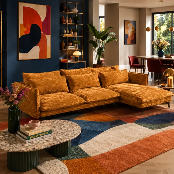 Golden Velvet Sectional Sofa – Right Chaise & Slim Black Legs 3D Model back