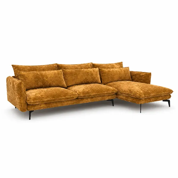 Golden Velvet Sectional Sofa – Right Chaise & Slim Black Legs 3D Model