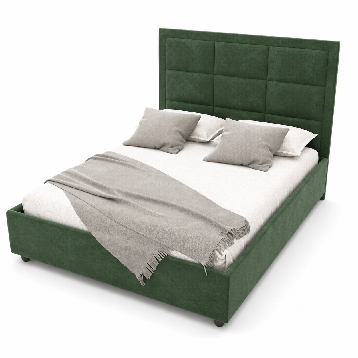 Forest Green Grid-Panel Upholstered Bed 3D Model 3