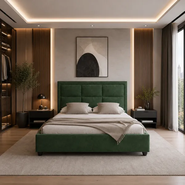 Forest Green Grid-Panel Upholstered Bed 3D Model back