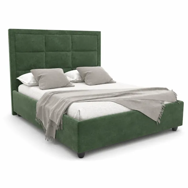 Forest Green Grid-Panel Upholstered Bed 3D Model