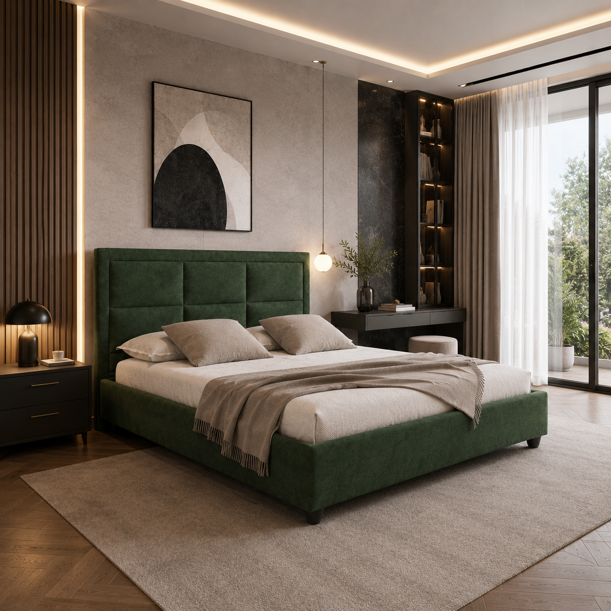 Forest Green Grid-Panel Upholstered Bed 3D Model 4