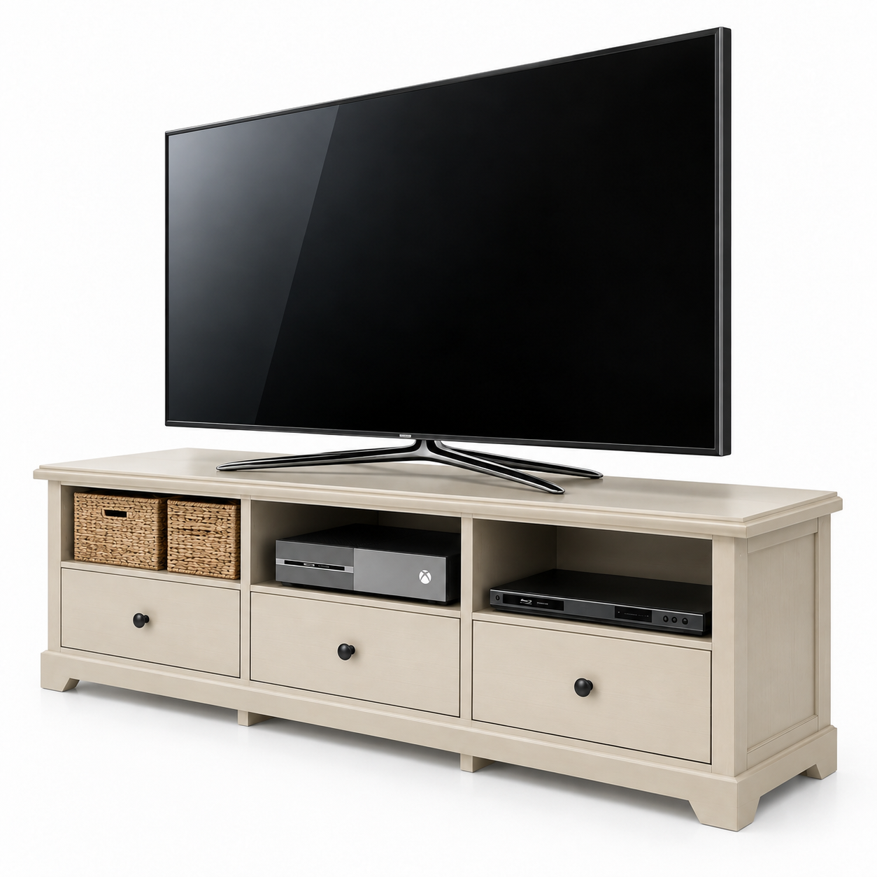 Black TV with Beige Wood Media Console 3D Model 3
