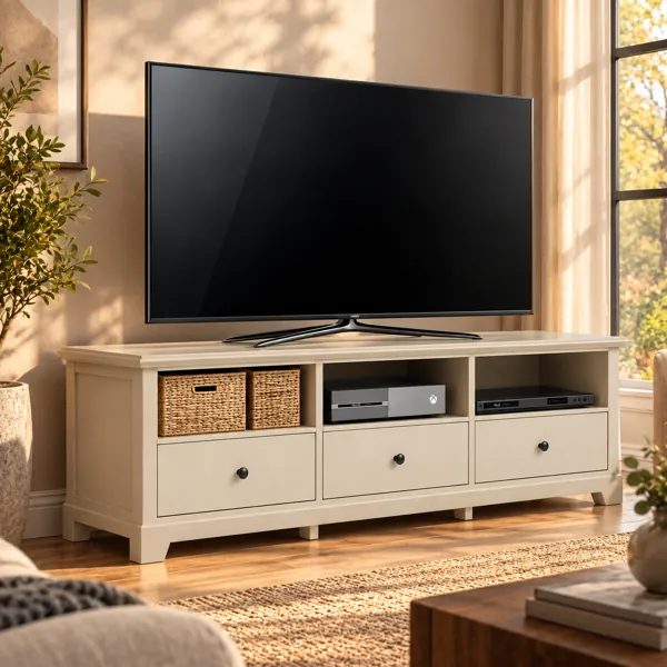 Black TV with Beige Wood Media Console 3D Model back