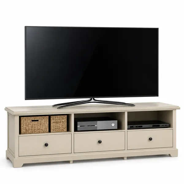 Black TV with Beige Wood Media Console 3D Model