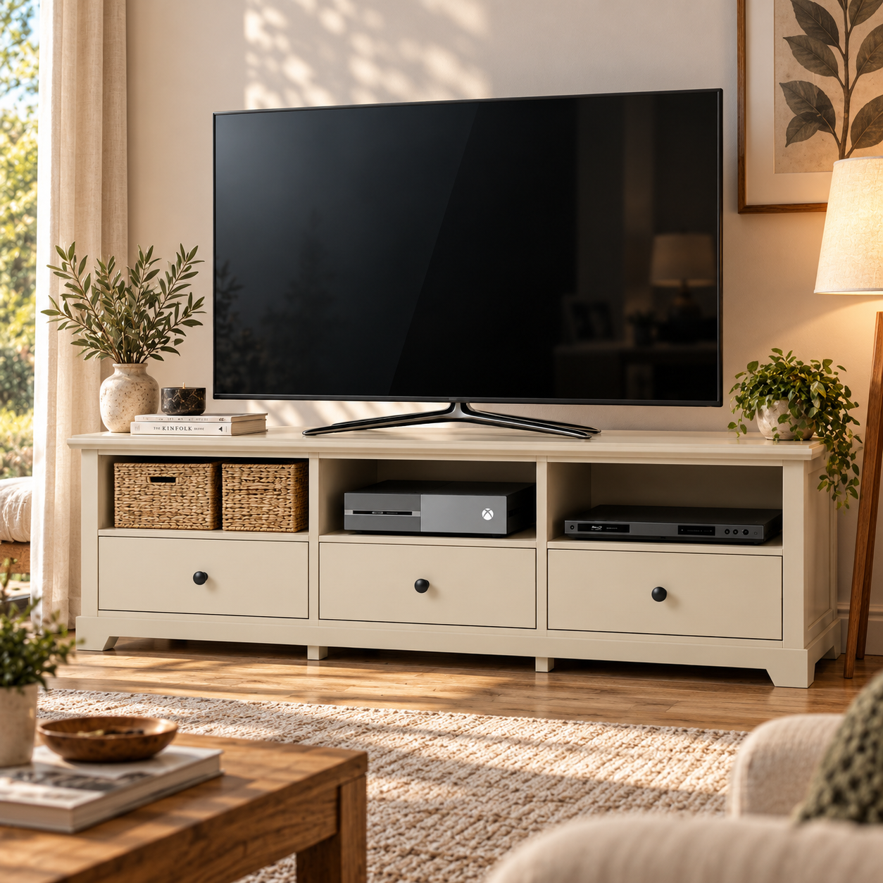 Black TV with Beige Wood Media Console 3D Model 4