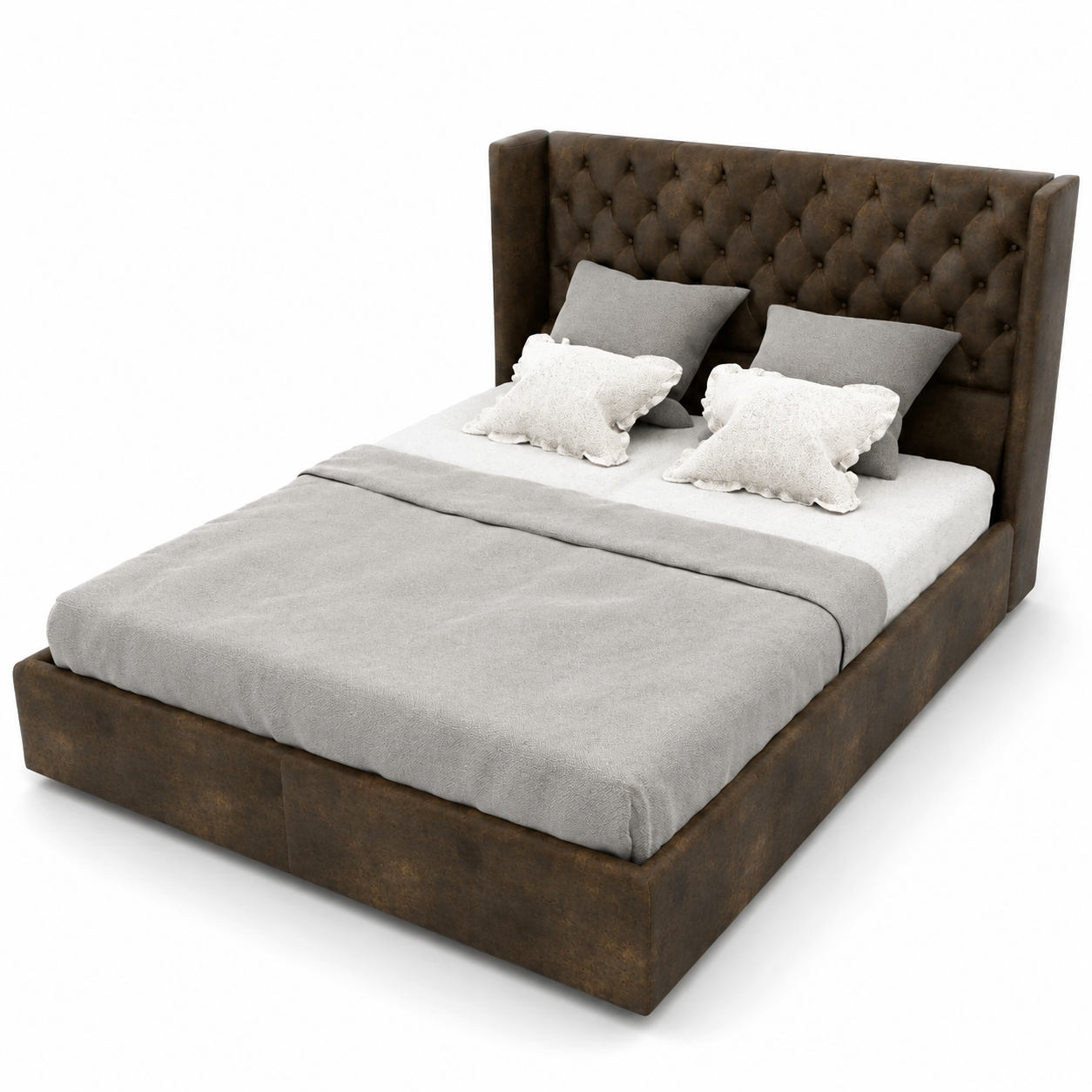 Dark Brown Diamond-Tufted Wingback Bed 3D Model 3