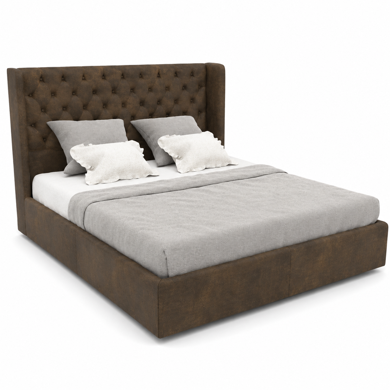 Dark Brown Diamond-Tufted Wingback Bed 3D Model 1