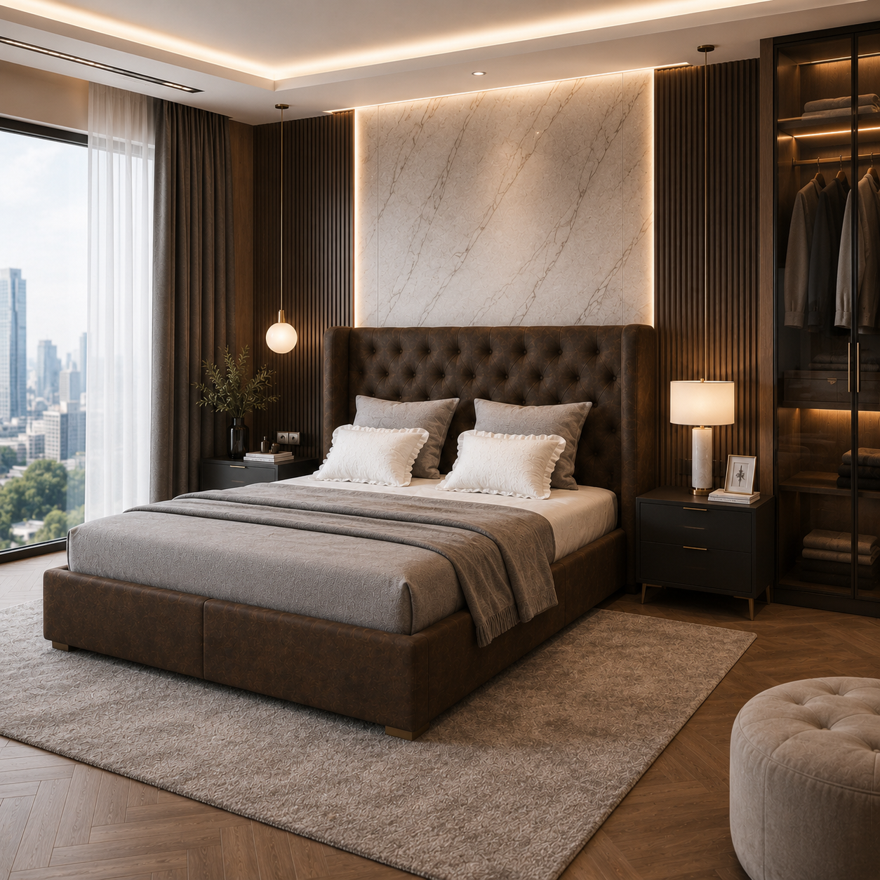 Dark Brown Diamond-Tufted Wingback Bed 3D Model 4